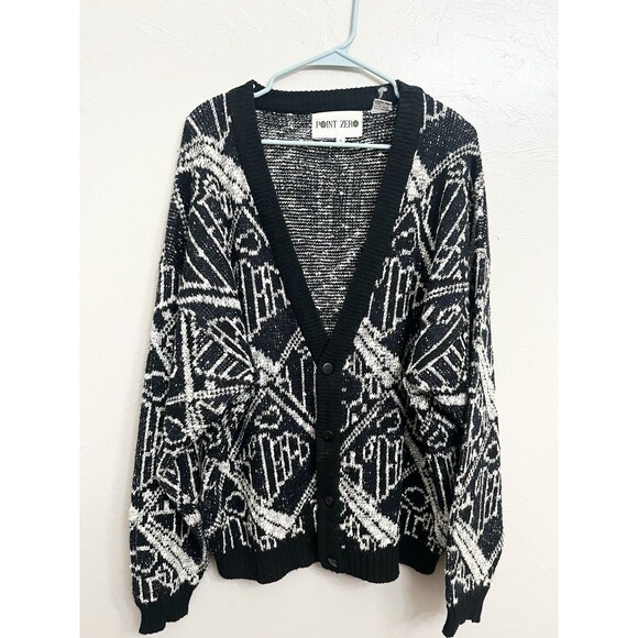 Vintage 90s Point Zero Cardigan Sweater Abstract Heavy Oversized  Grandpa Size M - Picture 1 of 9